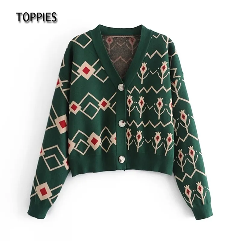 Fashion Woman Green Jacquard Cardigan Argyle Sweater V-neck Short Knitted Jacket Female Sweaters 210421