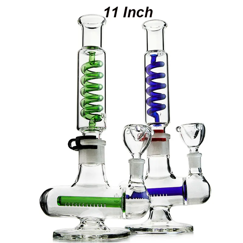 Hookahs 11 Inch Glass Bongs Freezable Straight Tube 14mm Female Jioint Inline Perc Condenser Coil Oil Dab Rig Diffused Downstem Colored Water Pipe With Bowl ILL06