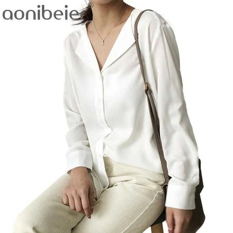 Spring Solid Button Up Silk Bluzka Kobiety V-Neck Z Długim Rękawem Satin Koszula Office Lady White Street Shirts 210604