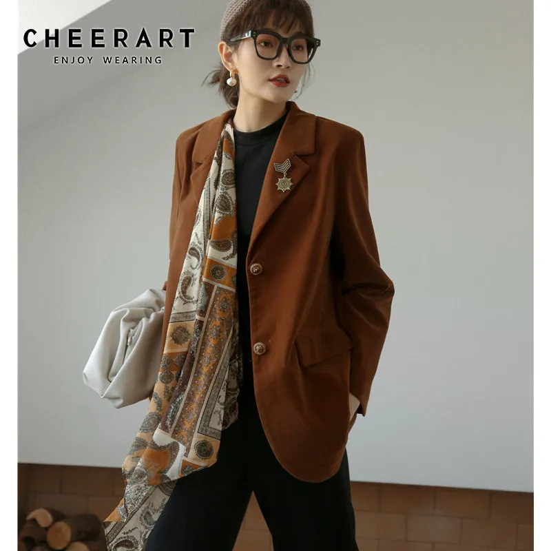 Brown Velvet Blazer Badge Épaulière Dames Manteaux et vestes avec écharpe Casual Femmes Vêtements d'automne 210427
