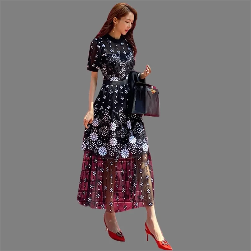 Stickerei Party Kleid Frauen Vintage Mesh Perspektive Kurzarm Böhmischen Lange Blume Gestickte Boho Vestidos 210603