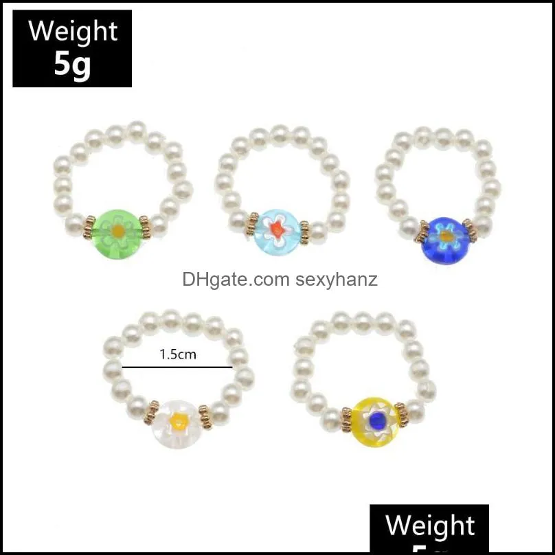 Wedding Rings Personalized Adjustable Beaded Pearl Ring Colorful Glass Bead Flower Jewelry Accessories For Female Gifts 5 Pieces