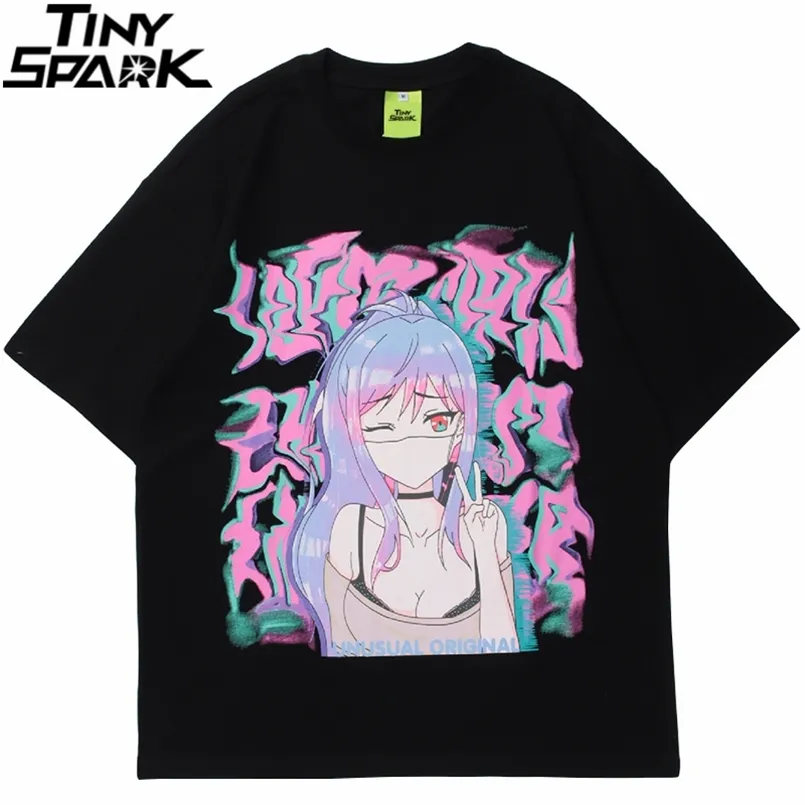 Män Hip Hop Streetwear T Shirt Sexig Anime Girl Illusion Print Tshirt Sommar Kortärmad T-shirt Harajuku Bomull Loose Tops Tees 210707