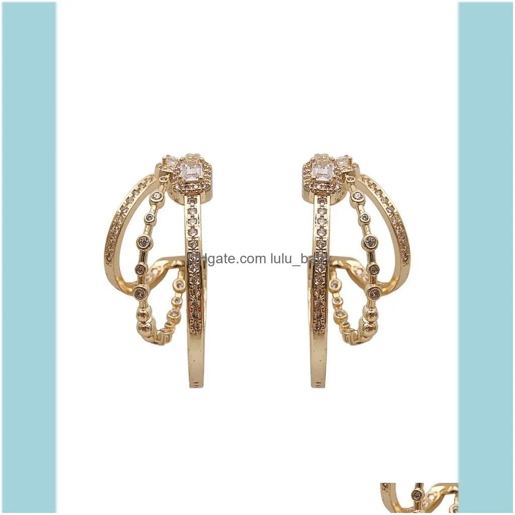 Korean Design Fashion Jewelry Exquisite Luxury Copper Inlaid Zircon Hoop Earrings C-shaped Three Circle Female & Huggie