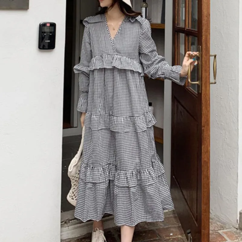 Casual Dresses Fashion Tide Höst temperament Kvinnor Loose Plaid Ruffled V-Neck Long-Sleeved Dress TC773