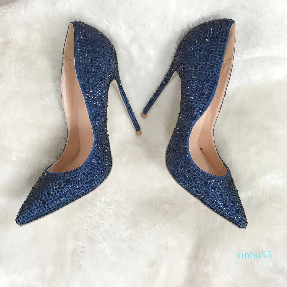 Lady Dark Blue Navy Crystal Pointed Toe High Heels Shoes Rhinestone Stiletto Heel Shoes