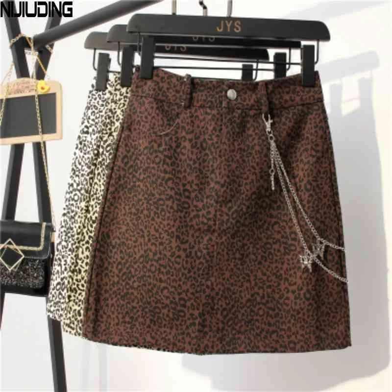 Осенняя юбка Женская уличная одежда Леопарда Принт High Womens Mini A-Line In Ins Denim с цепью 210514