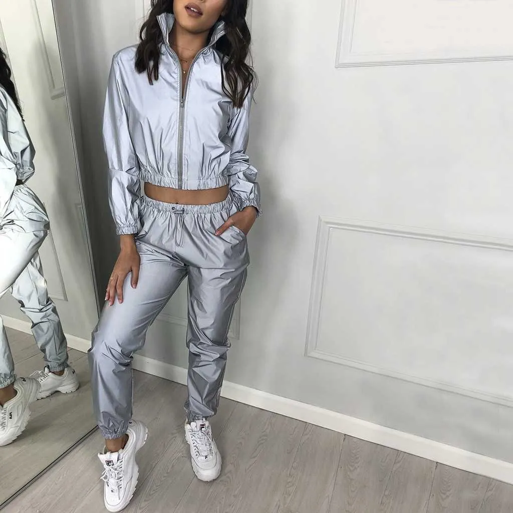 Mulheres Sexy Reflexivo Tracksuit Night Version Botons Desligue Collar Manga Longa Crop Top + Casual Calças Dois Peça Set Y0625