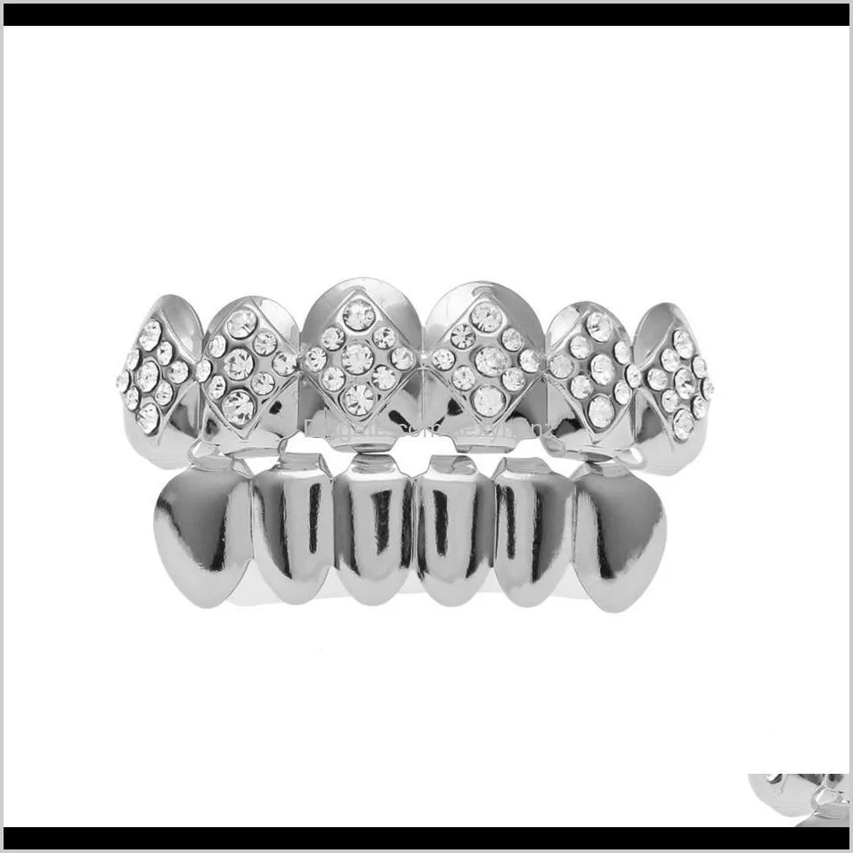 gold plated iced out rhombus cz rhinestone hip hop teeth for mouth grillz caps top & bottom grillz set vampire teeth