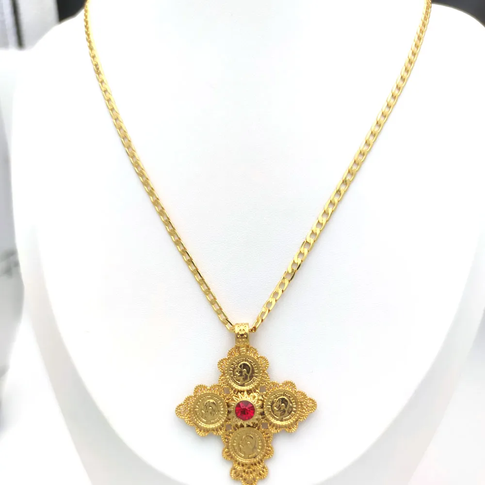 18ct THAI BAHT G/F Gold Kreuz Anhänger Halskette Grün Blau Rot CZ Kette Kopf Porträt Münze VERKÄUFER Bordstein 20"