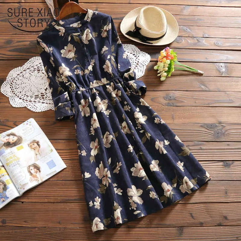 Vintage Floral Printed Knee Length Vestidos Spring Autumn Women Long Sleeve Corduroy Button Dress 7426 50 210417