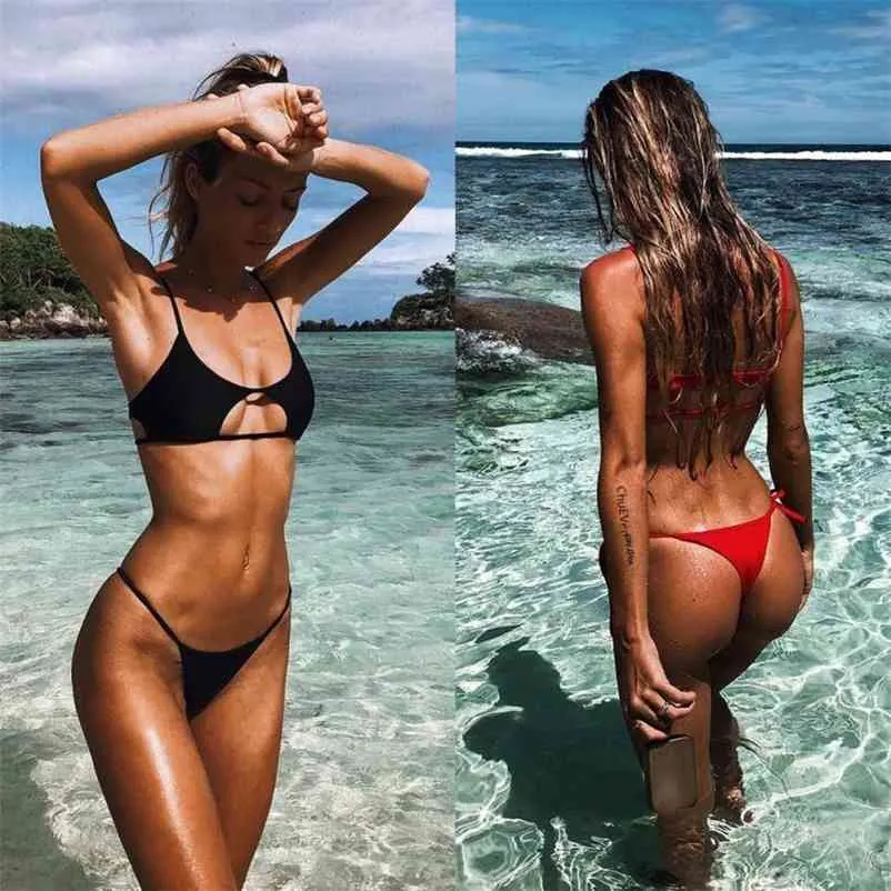 Kadınlar için Yüzme Takım Elbise Katı Renk Hollow Split Bikini Push-up Strappy Plaj Mikro Bikini Için Boşluk Mayo Mayo 210621