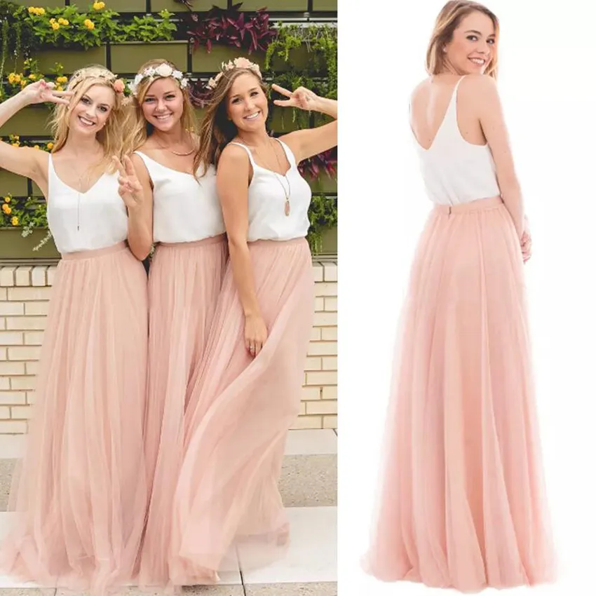 2021 blush cor-de-rosa tule dois peça vestidos de dama de honra longo barato branco barato branco v-pescoço Ruched chão comprimento boho empregada de honra