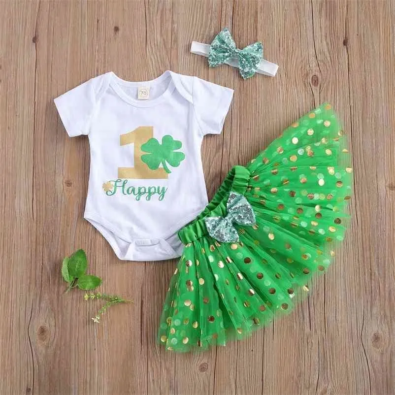 0-24M born Infant Baby Girls Clothes Set Four leaf clover Print Romper Tutu Skirts Outfits 210515