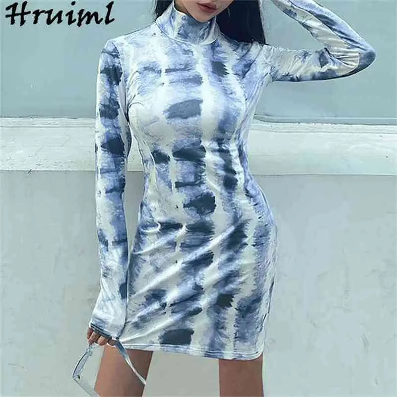 Jurk Dames Lange Mouwen Turtleneck Slanke Mini Casual Tie Dye Jurken voor Avond Night Party Club Vrouw 210513