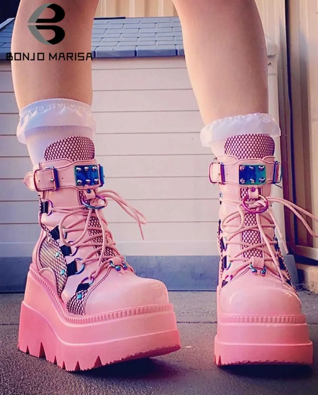 BONJOMARISA INS Brand Platform Designer Goth Combat Boots For Women Punk Zipper Pink Black Autumn Mesh Fashion Women s Boots Y0914