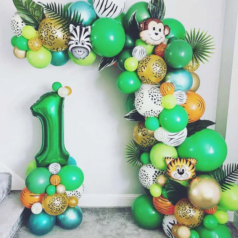 109st Jungle Animal Balloon Set Birthday Party Decorations Kids Tiger Zoo Animal Theme Folo Ballonger Jungle Party Leverans Dekor 210626