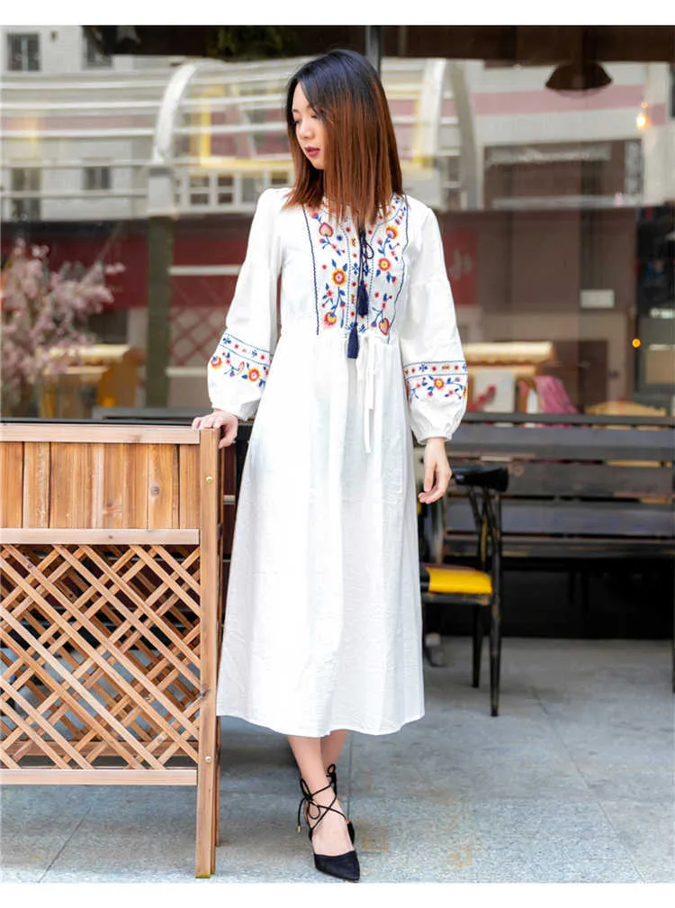 Vintage Boho organic cotton Dress Floral Maxi Dress with Tassel Lantern Sleeves and DrO-neckline - DrClothing X0621
