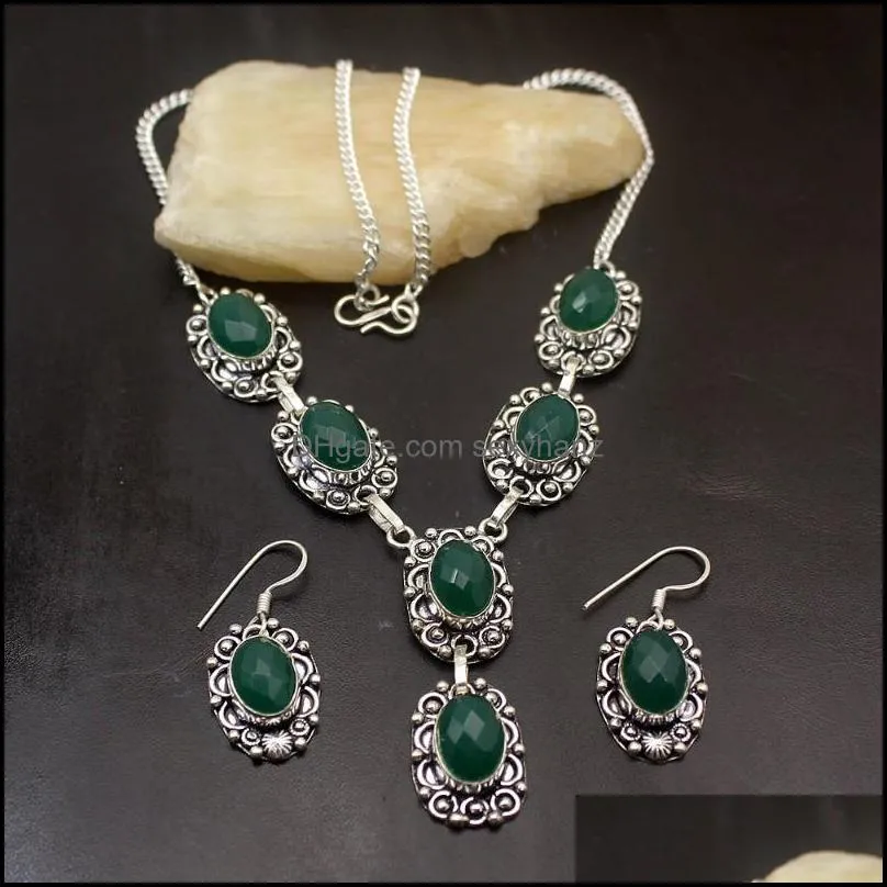 Boucles d'oreilles Collier Ensembles de bijoux à venir Vintage Bleu Vert Agate925 Sterling Sier Couleur Charms Pendentif Ensemble Tf452 Tf453 Drop Delivery 2021 20