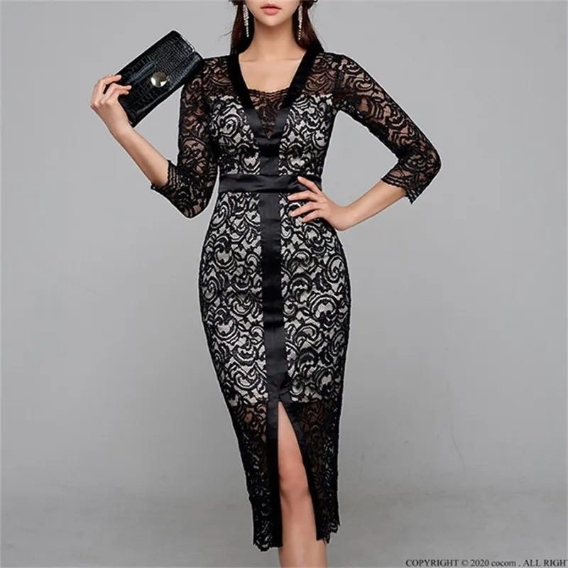 Högkvalitativ Elegant Lace Half Sleeve V-Neck Slim Dress Women Bodycon Formell Party Pencil Office Lady 210603