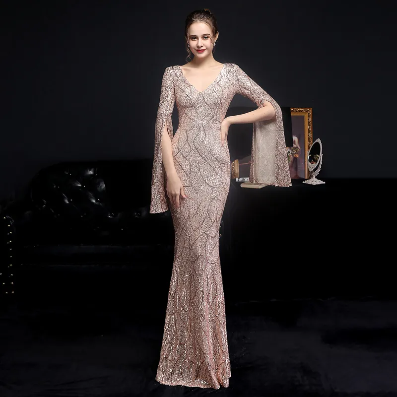 Elegante Party Maxi Kleid Gold Pailletten Abendkleid Frauen Langarm -Abschlussballkleider