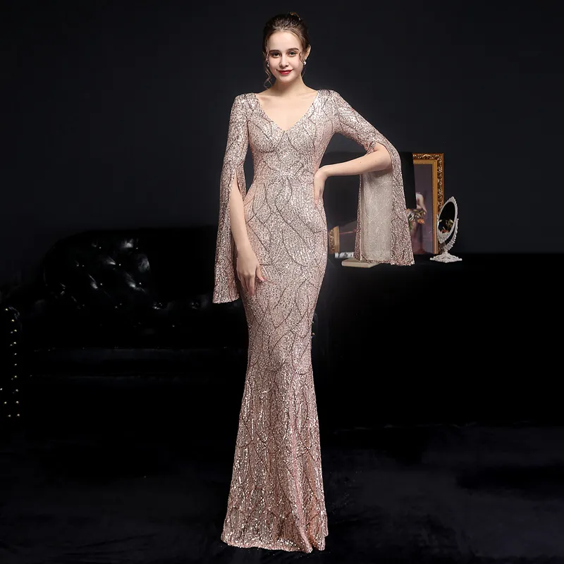 Elegant Party Maxi Dress Gold Sequin Evening Dress Women Long Sleeve Prom Dresses