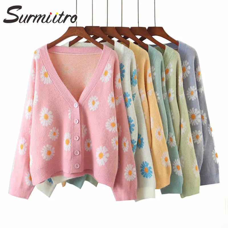 Surmiitro Knitカーディガン女性秋冬デイジー花柄ボタン緩いカーディガンセーター女性ジャケットコートブルーピンク210712