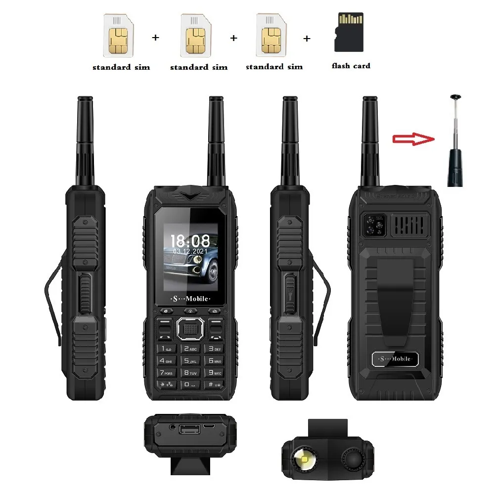 Olåst god signal hållbar utomhus stor kraft mobil telefon ficklampa flexibel antenn tri 3 tre SIM-kort Powerbank Whatsapp Quick Dial Torch Cell Phones