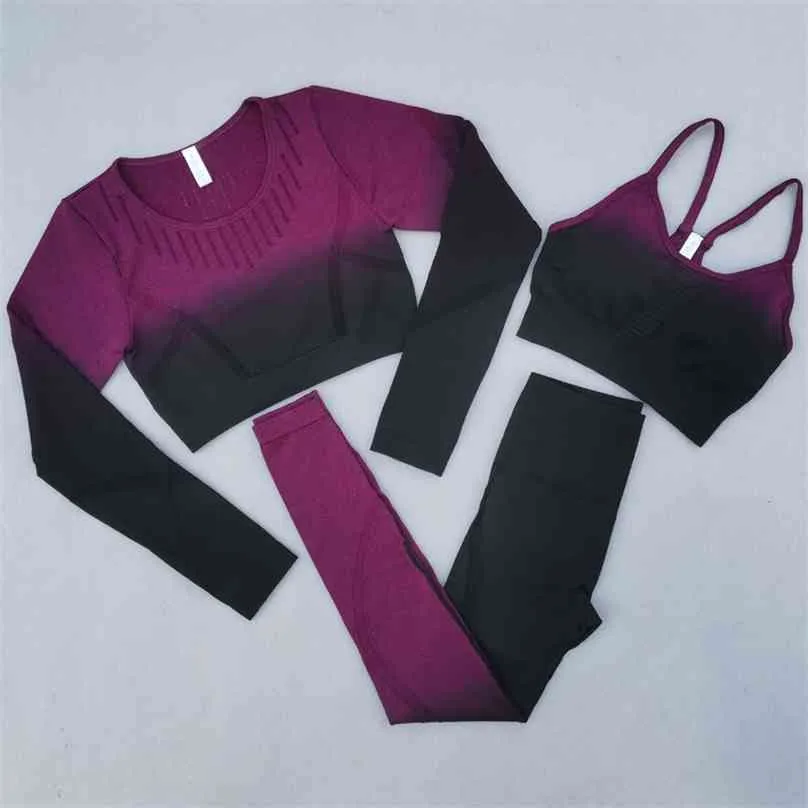 Conjunto de Yoga sin costuras Ombre para mujer, ropa de gimnasio, entrenamiento, Top corto de manga larga, Sujetador deportivo, mallas deportivas de cintura alta, trajes 210802