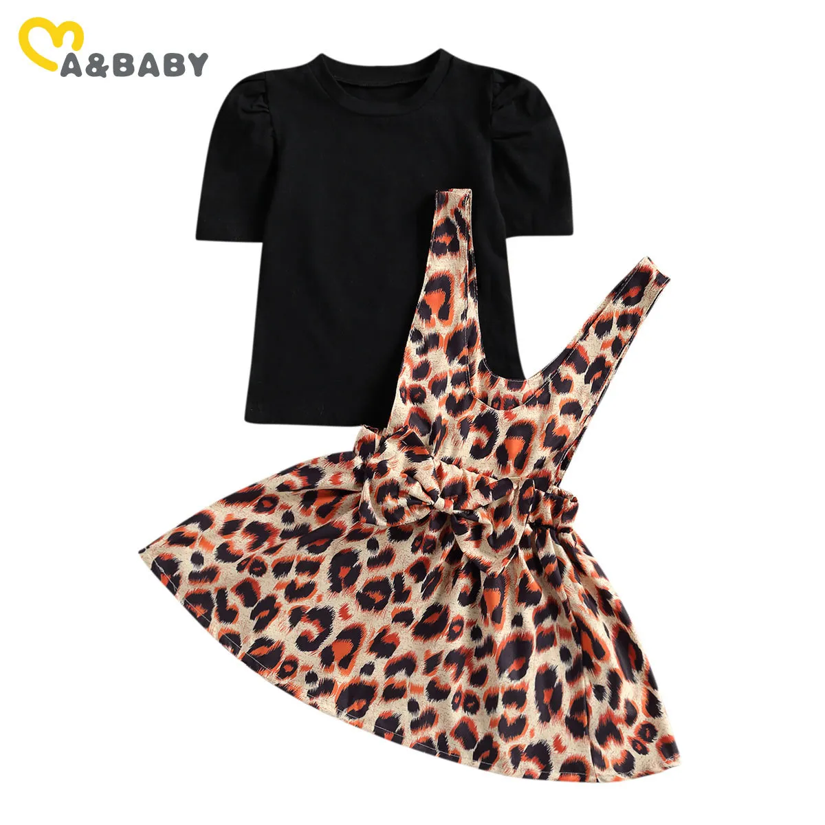1-4Y Yaz Toddler Bebek Çocuk Kız Giyim Seti Ruffles Siyah T Gömlek Yay Leopar Etekler Tulum Kostümleri 210515