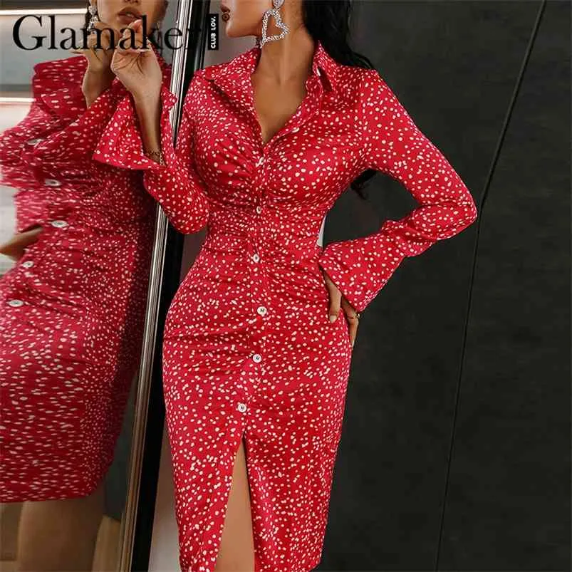 Glamaker Polka dot imprimé rouge mode robe midi hiver automne satin bureau dames boutons style robe élégante 210730