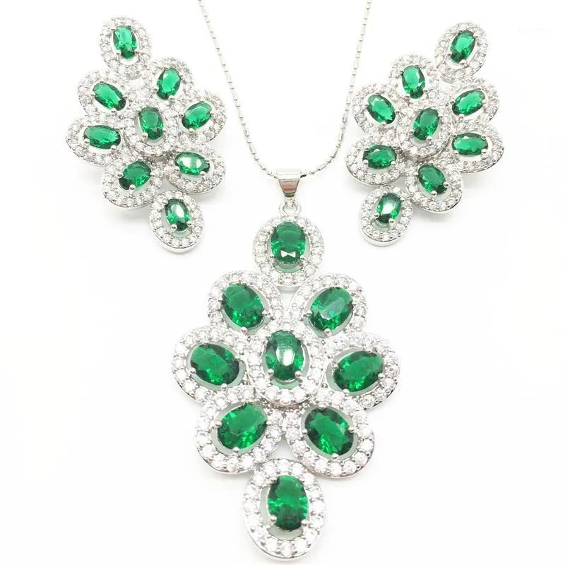 Oorbellen ketting kubieke zirkonia zilver 925 sieraden sets voor vrouwen groen grote cz creëerde hanger en oorbel dames