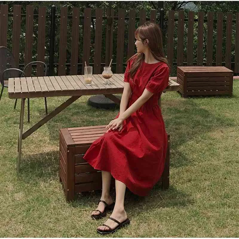 Summer Girls Women Cotton Linen Casual short Sleeve Dresses Female Dress Vintage Solid Red Robe Femme Vestido 210417