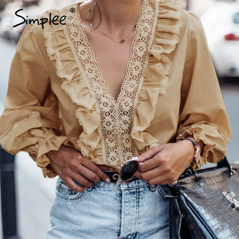 Elegant Womens Ruffle Blouse V Neck, Long Sleeve, Embroidery