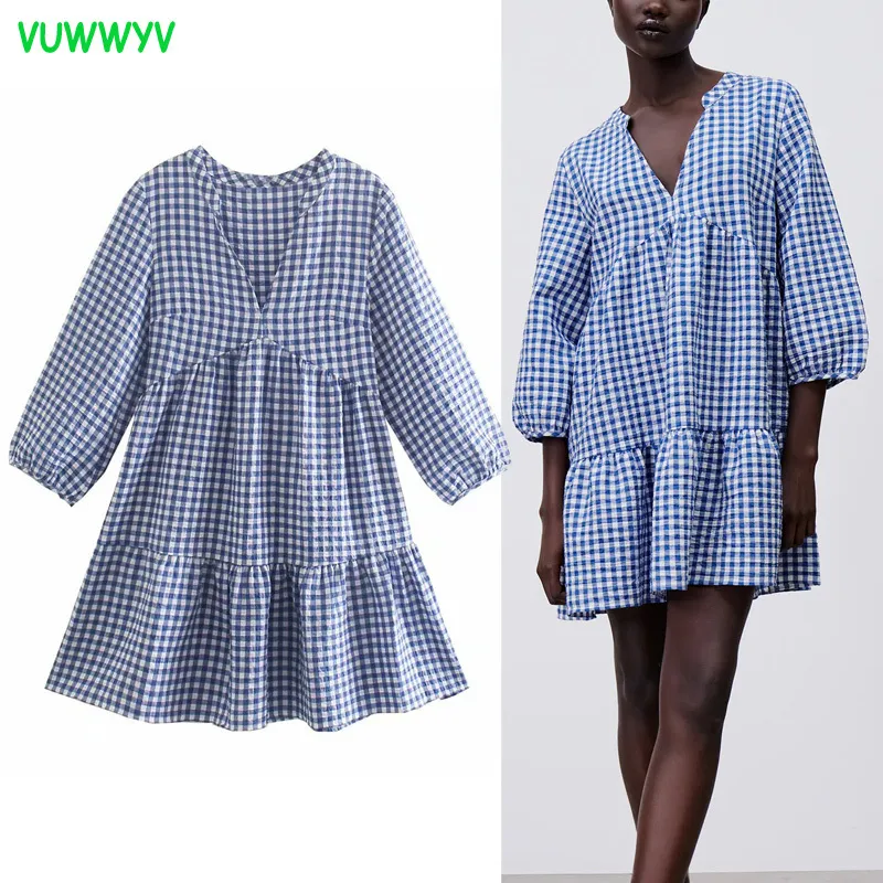 Vuwyv blauwe plaid ruche mini vrouw jurk zomer chique Smock ontwerp geplooide vrouwen lange mouw casual korte vestidos 210430