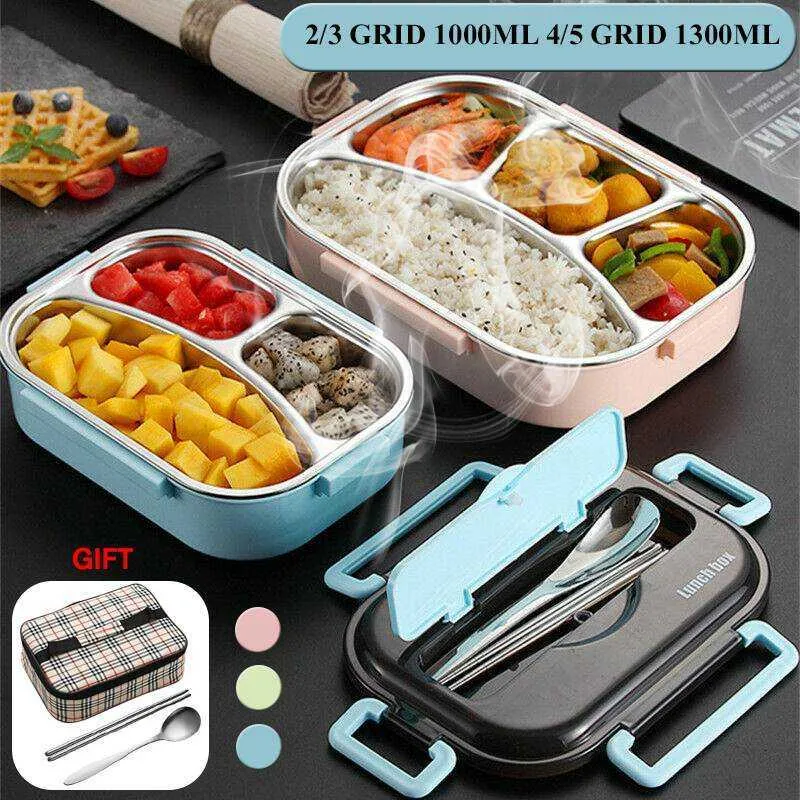3/4/5 Grid Portable Leakproof Lunch Box Compartments Stainless Steel Lunchbox Office School Kids Bento Picnic Food Container 210709