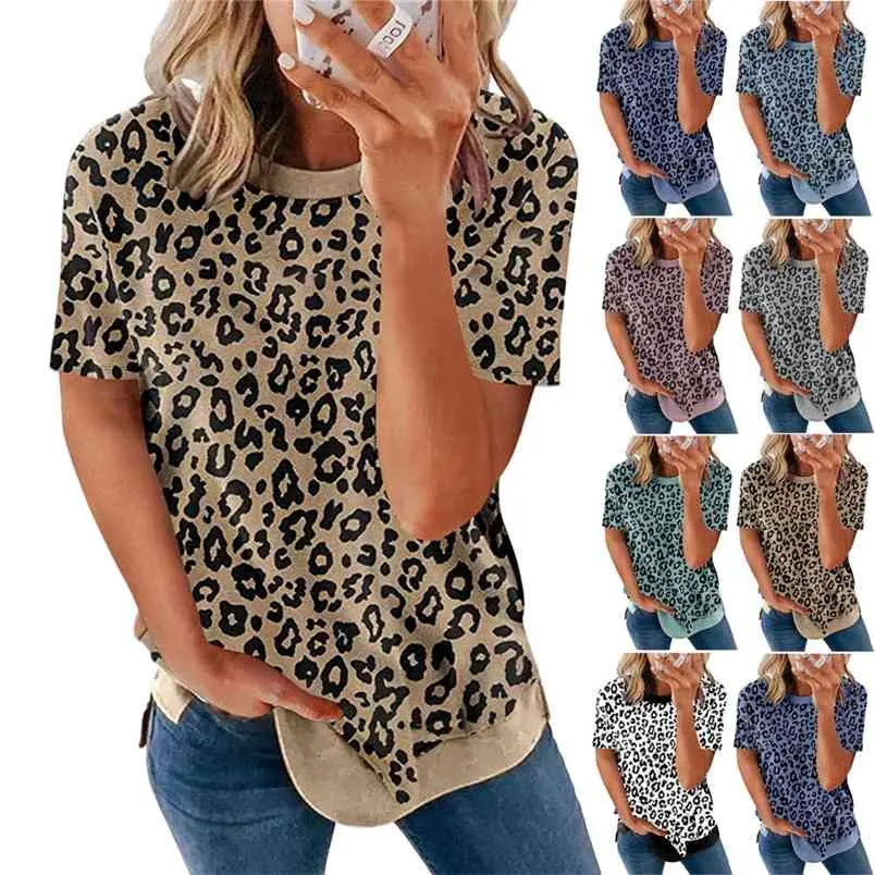 Tshirt Leopard Krótkie rękawy Top dla Kobiet O-Neck Patchwork Casual Loose Pullover Koszulki Lato Damskie Oversized T Shirt Khaki 210604