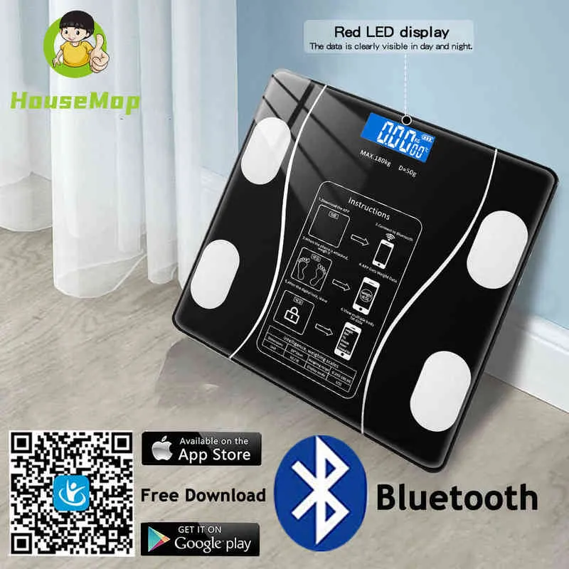 Bilancia da bagno Bluetooth Monitoraggio della salute BMI Bilancia corporea digitale accurata Display a LED Vetro temperato con Smart Phone H1229