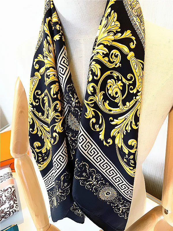 Famous Style 100% Silk Scarves of Woman and Men Solid Color Gold Black Neck Print Soft Fashion Shawl Women Silks Scarf Square 90*90cm