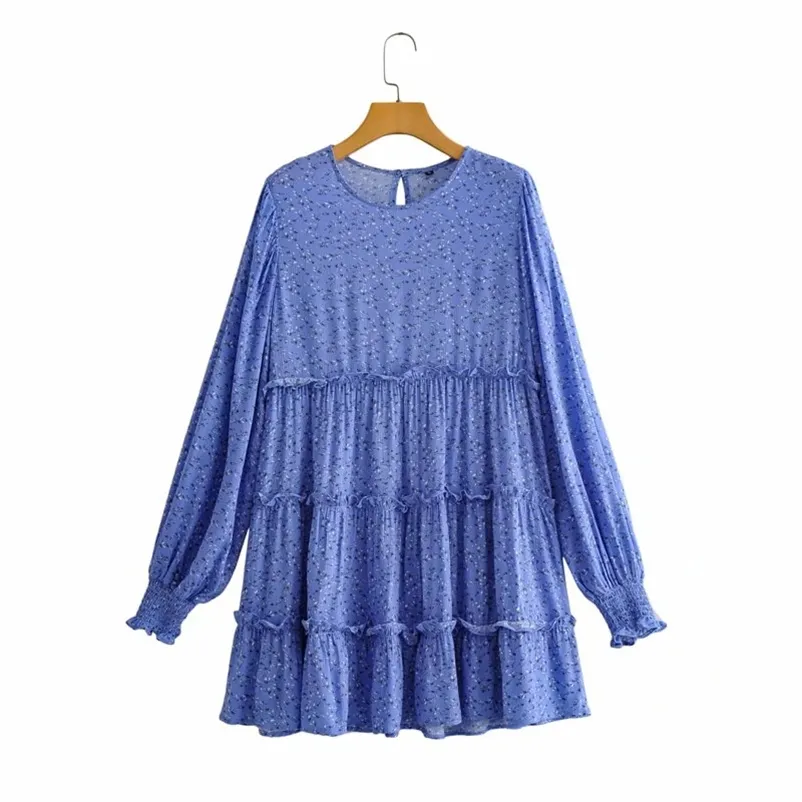 Casual Mulher Azul Cascading Ruffles Algodão Mini Vestido Primavera Moda Senhoras Imprimir Vestidos Feminino Doce Soft 210515