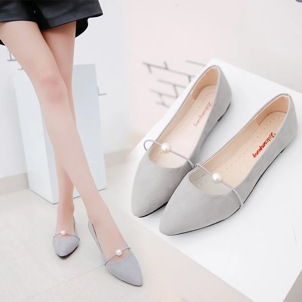 Casual Shoes Women Solid Color Suede Flats Heel Pearl Casual Basic Pointed Toe Ballerina Ballet Flat Slip On Shoes