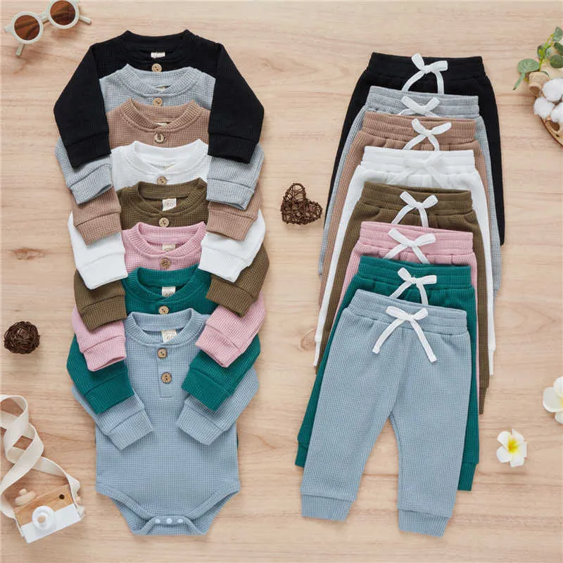 2021 Autumn 2pcs Newborn Baby Boys Girls Clothes Sets, Casual Solid Color Waffle Button Long Sleeve Romper and Tie-up Trousers G1023