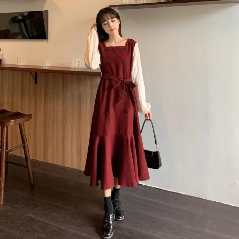 Vestido de talla grande con botones y cuello cuadrado, vestido Vintage de retazos de manga larga para mujer, moda de primavera elegante para mujer, largo 210521