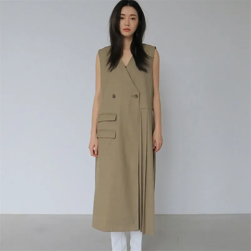 Yaz Kadınlar Vintage Gevşek Ince Zarif Kolsuz Kıvrımlar Maxi Elbise Minimalist Uzun Haki Lady Robe Pileli 210510