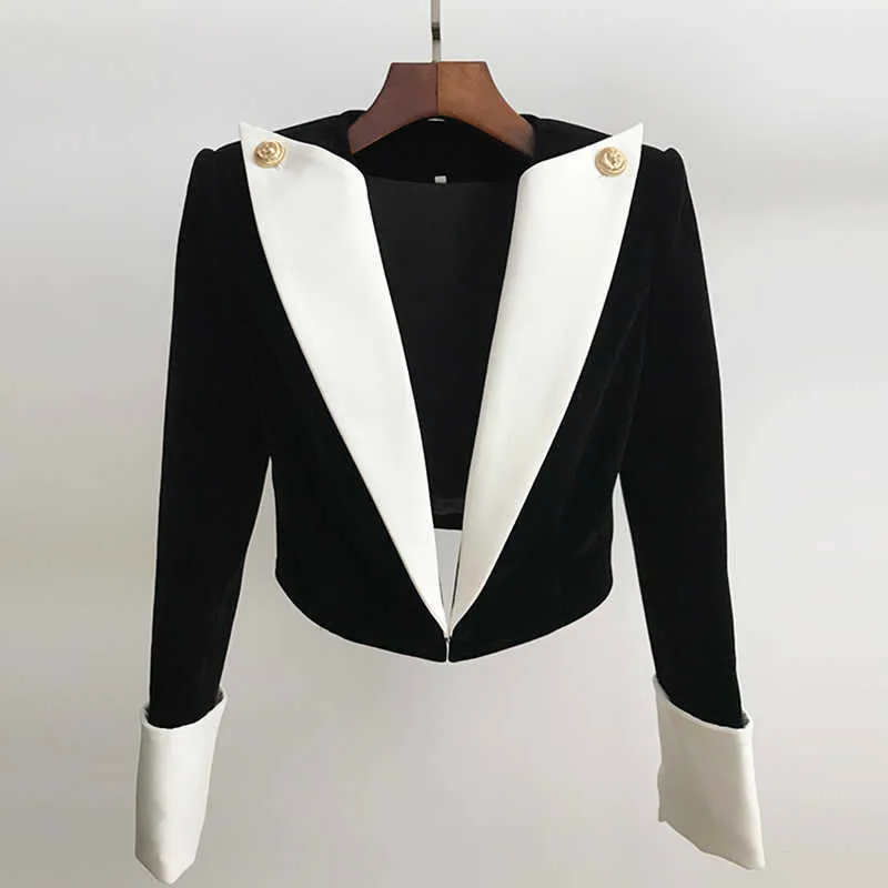 HIGH STREET 2021 Newest Stylish Designer Jacket Women's Lion Buttons Color Block Patchwork Velvet Short Blazer X0721