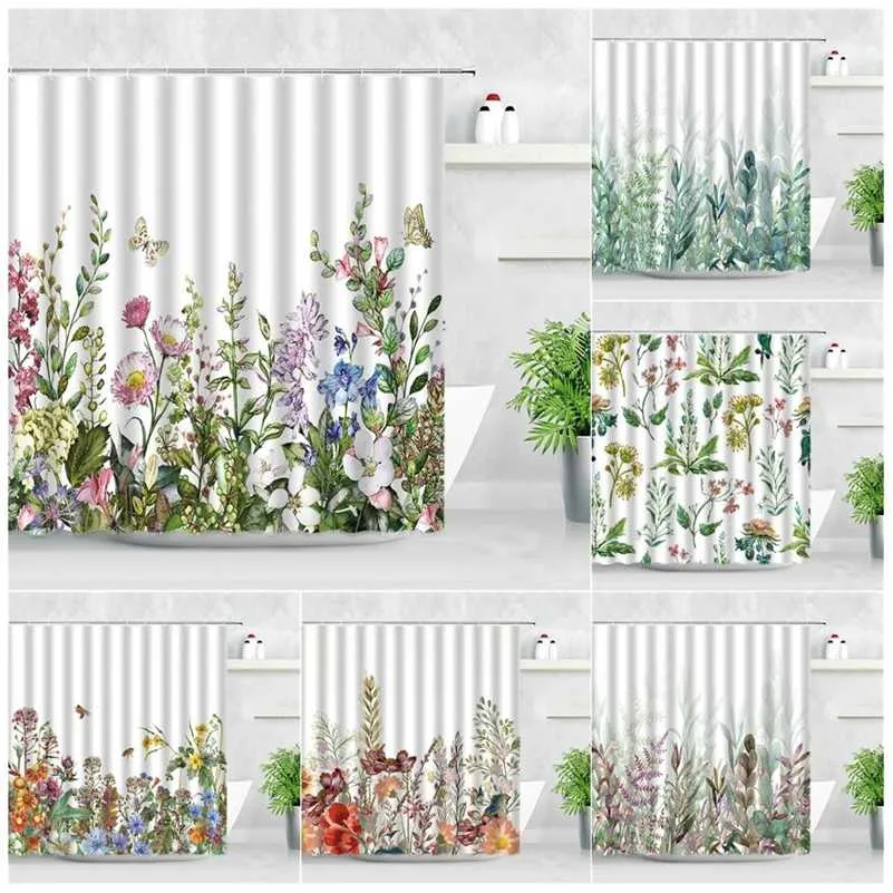 Natural Floral Shower Curtains Flowers Green Leaf Butterfly Water Color Art Nordic Modern Waterproof Bathroom Decor Curtain Sets 211116