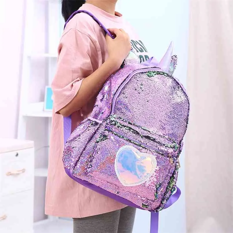 Girls Fashion Sequins Unicorn Backpack Women PU Leather Large Capacity Bag Girl Book Bag Satchel School Bag For Teenager Student 210922