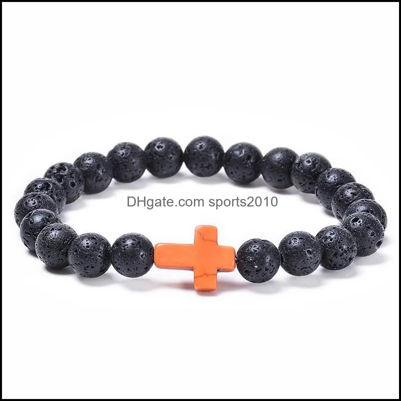 8mm black lava stone beads colorful cross charms elastic strand bracelet bangle for women men jewelry sports2010