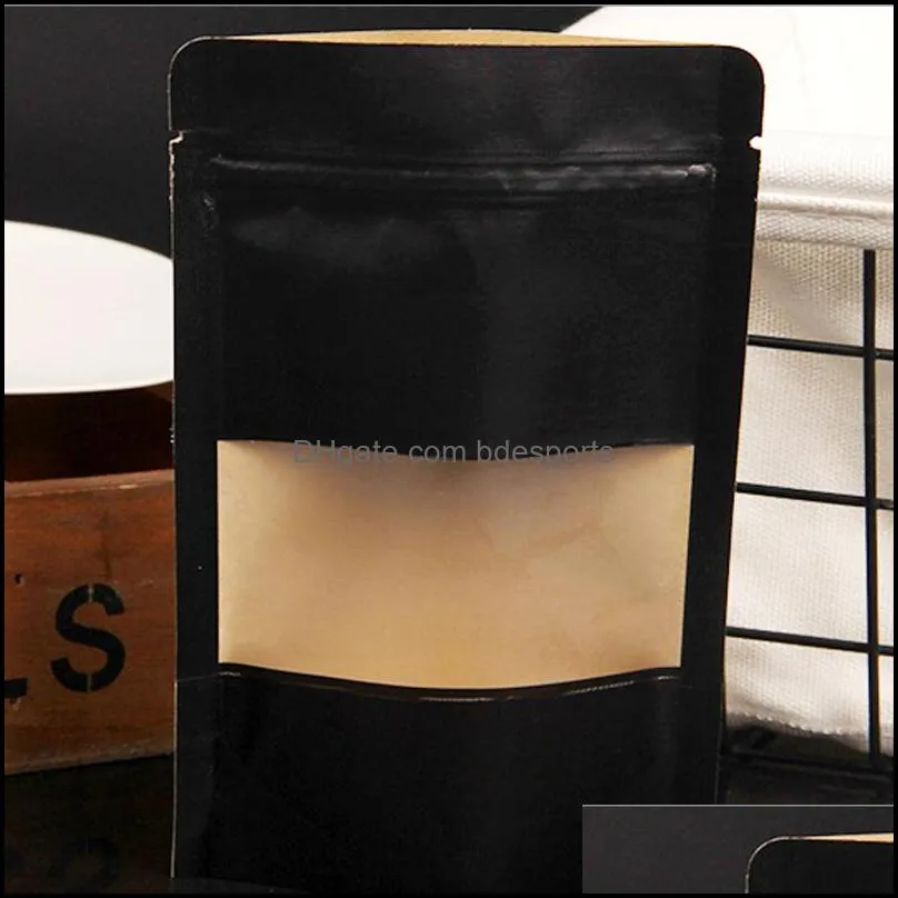 4 Size Black Kraft Paper Frosted Window Bag Stand up Snack Cookie Tea Coffee Packaging Bag X-mas Paper Gift Pouch LX2015