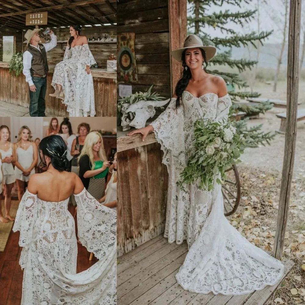 Epische Canadese landelijke boerderij bruiloftjurken Vintage haak kanten hippie Boheemian bell lange mouwen bruid jurken robe de mariiee